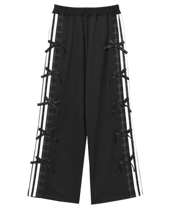 CHECK RIBBON TRIMMED JERSET PANTS