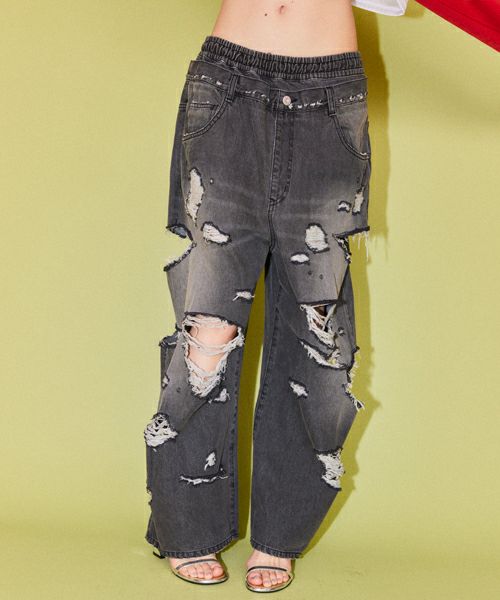 DAMAGE LAYERED DENIM PANTS | Candy Stripper（キャンディ