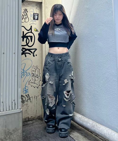 DAMAGE LAYERED DENIM PANTS | Candy Stripper（キャンディ