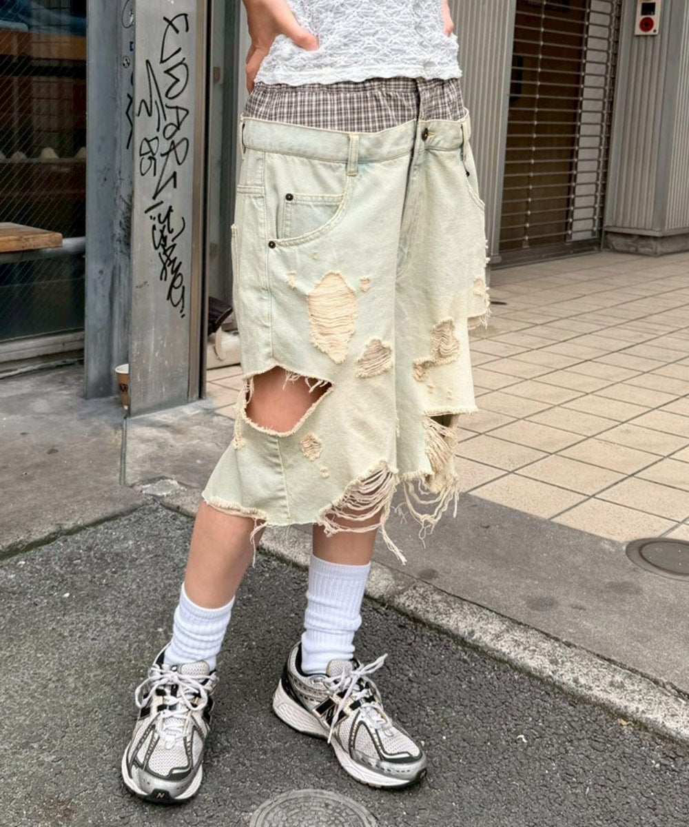 TATTERED LAYERED DENIM HALF PANTS | Candy Stripper（キャンディ