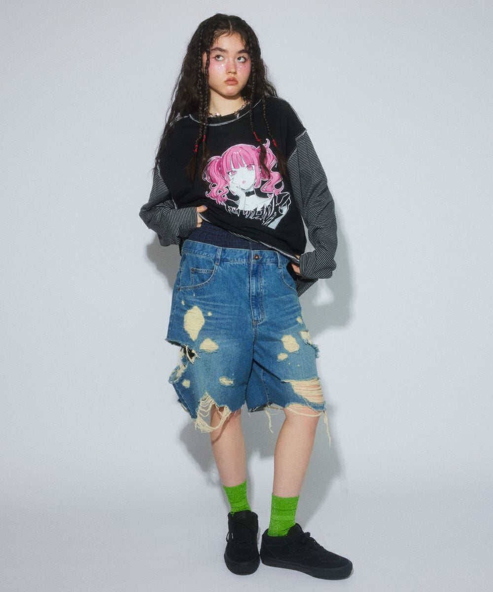 TATTERED LAYERED DENIM HALF PANTS | Candy Stripper(キャンディ TATTERED LAYERED DENIM HALF PANTS | Candy Stripper(キャンディ