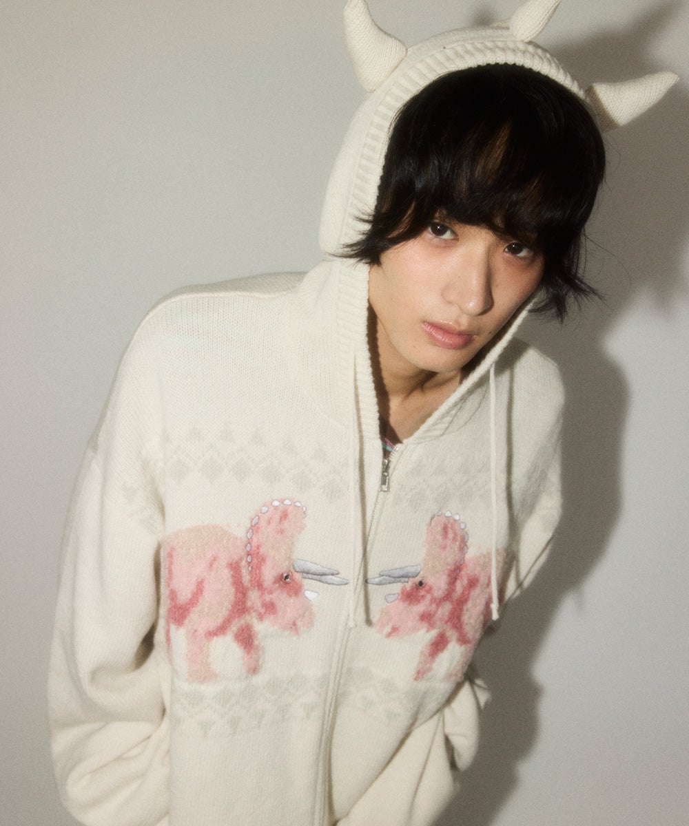 DINOSAUR HORN KNIT HOODIE | Candy Stripper（キャンディ